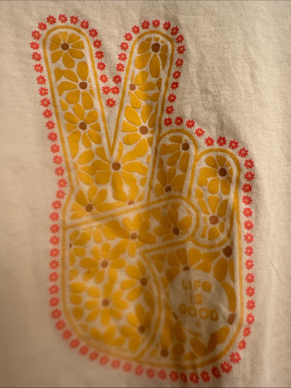 Life Is Good Cream Tee with Yellow Floral Peace Sign and Pink Accent